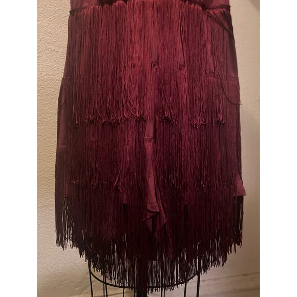 Deep V-Neck Cross Back Fringed Skirt Romper Jumpsuit Burgandy Size L - Picture 6 of 16